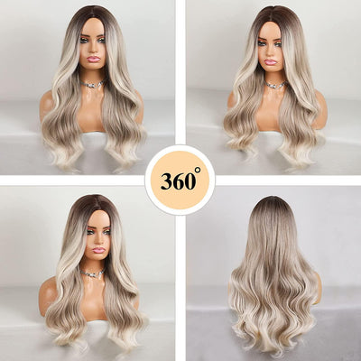 Ombre Blonde Wig Long Wavy Wig For Women Middle Part Wavy Wigs Synthetic Heat Resistant Party Wigs (Ombre Ash Blonde)
